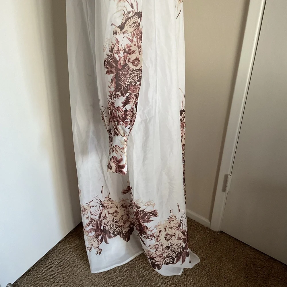 Itoo Italy Floral Maxi Shirt Dress Sheer Long Sleeve Belted Size Large - Picture 9 of 11